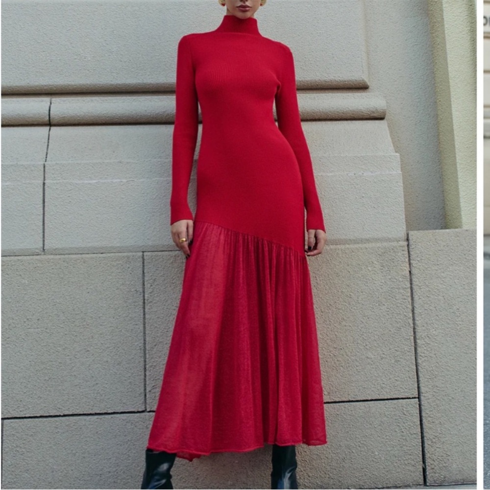 SOLD Commense Mock Vibrant Red  Ribbed Knit Dress with Sheer Bottom Asymmetrical - Picture 2 of 6